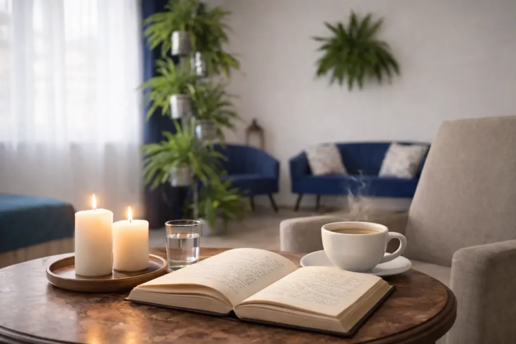 Otwarta książka i filiżanka kawy na marmurowym stole w ciepłym świetle