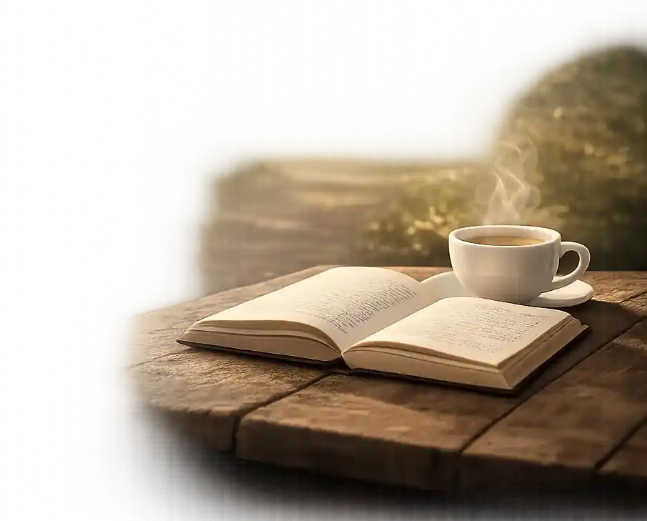 Otwarta książka i filiżanka kawy na drewnianym stole w ciepłym świetle